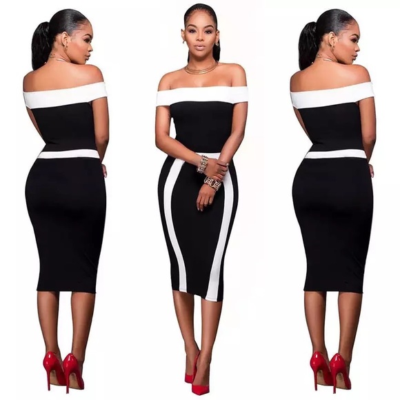 Black Bodycon White Slash Neck Off Shoulder Dress - Picture 4 of 8
